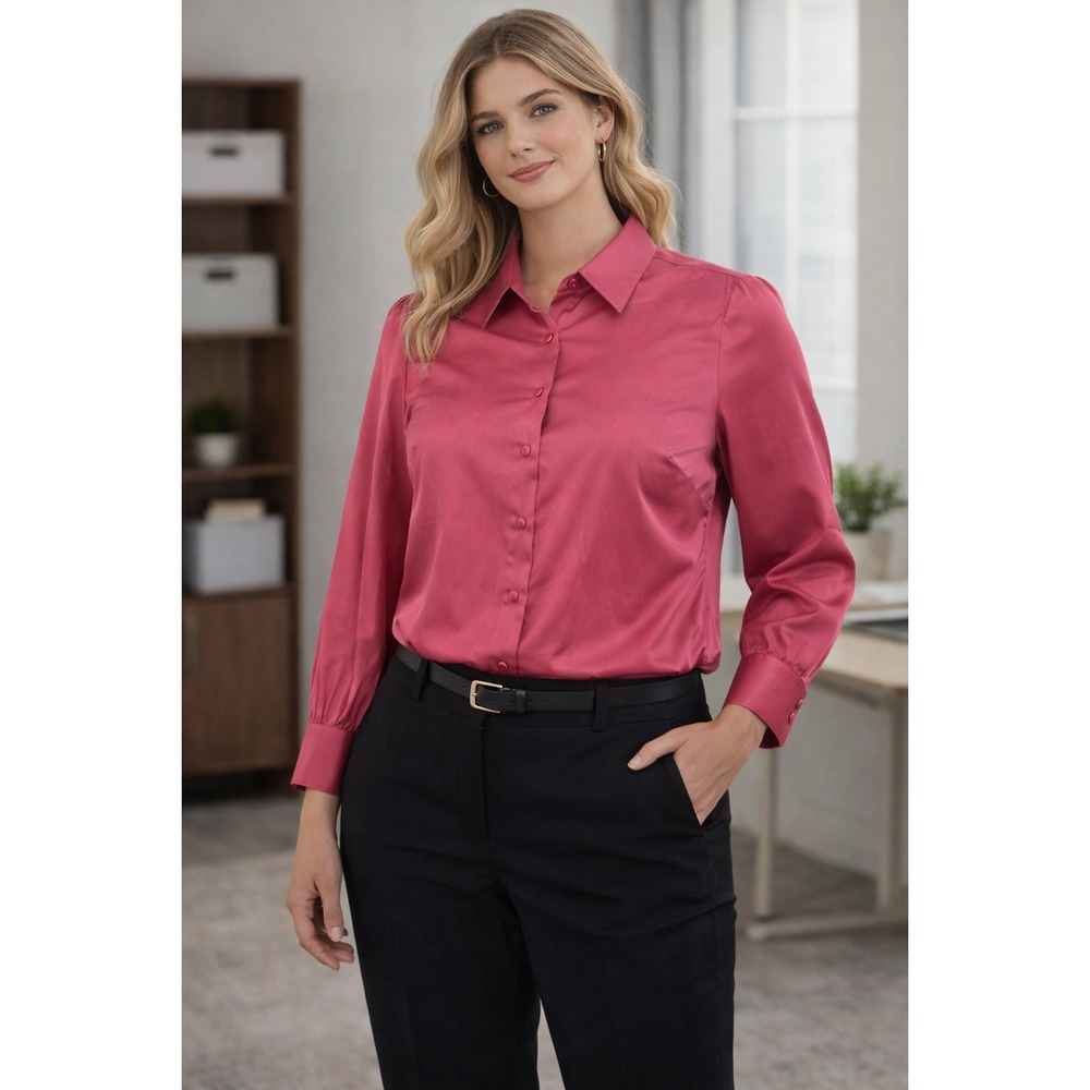 LUCYSWHIMS Pink Satin Button Front Blouse Long Sleeve Chic Size S NWT